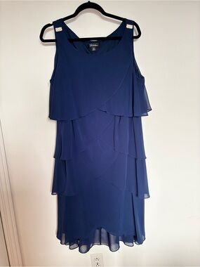 SL Fashions Navy Tiered Chiffon Dress with Shoulder Accents